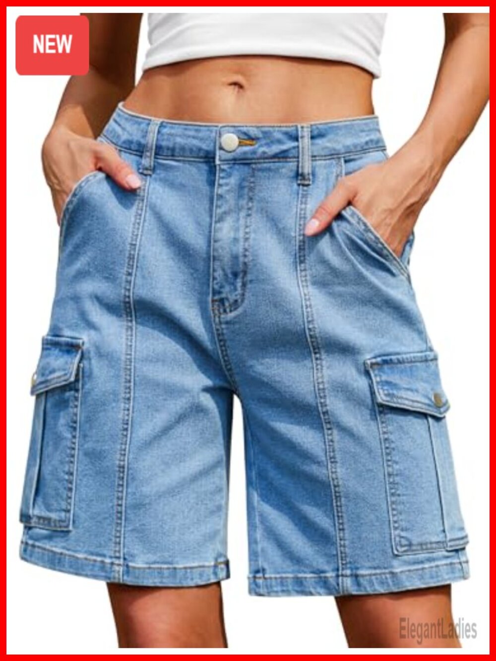 Women's Knee-Length Cargo Shorts High Waisted Stretchy Jorts 6 Pockets
